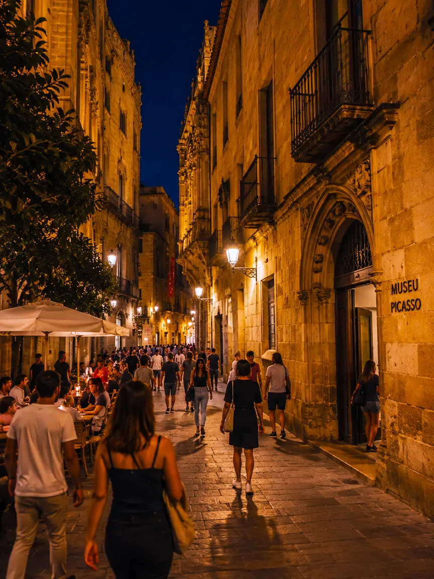 Barcelona Museum Night 2026: Vibrant narrow medieval street in the Gothic Quarter at night, lined with restaurants, outdoor seating, and crowds walking toward the Museu Picasso.