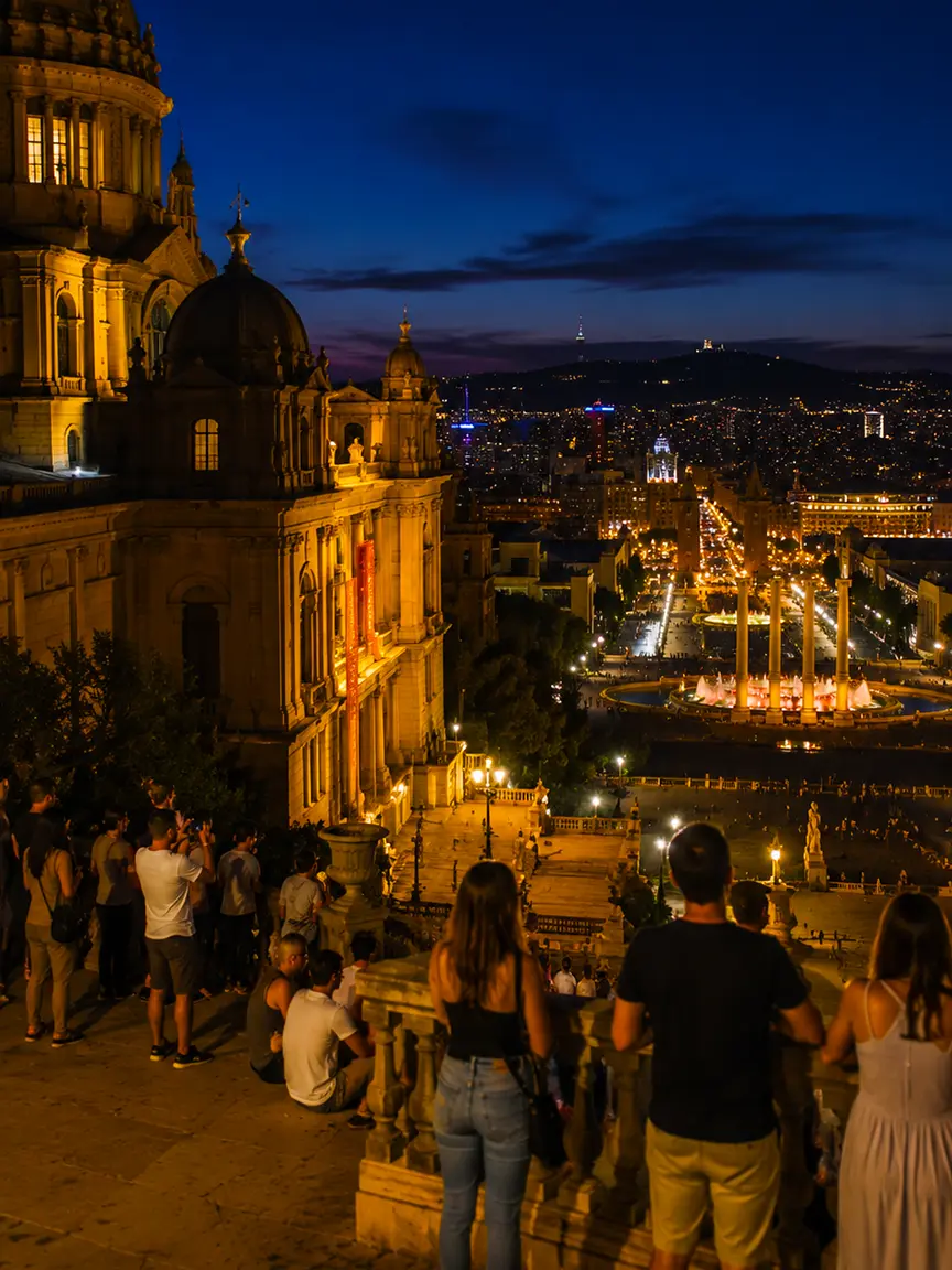 Barcelona Museum Night 2026: Spectacular nighttime panoramic view of Barcelona from a high terrace near a grand illuminated building, with people enjoying the city lights, Magic Fountain, and distant skyline.