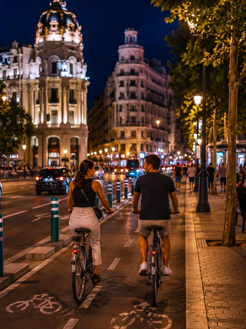 Barcelona Museum Night 2026: Couple cycling together along a tree-lined city street at night, with ornate historic buildings glowing in the background during Barcelona's Museum Night event.