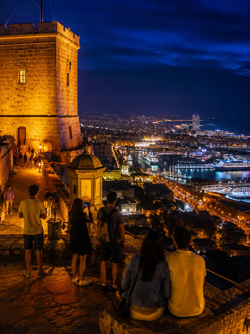 Barcelona Museum Night 2026: People admiring the breathtaking panoramic night view from Montjuïc Castle, overlooking the illuminated Barcelona skyline, harbor, and cruise ships.