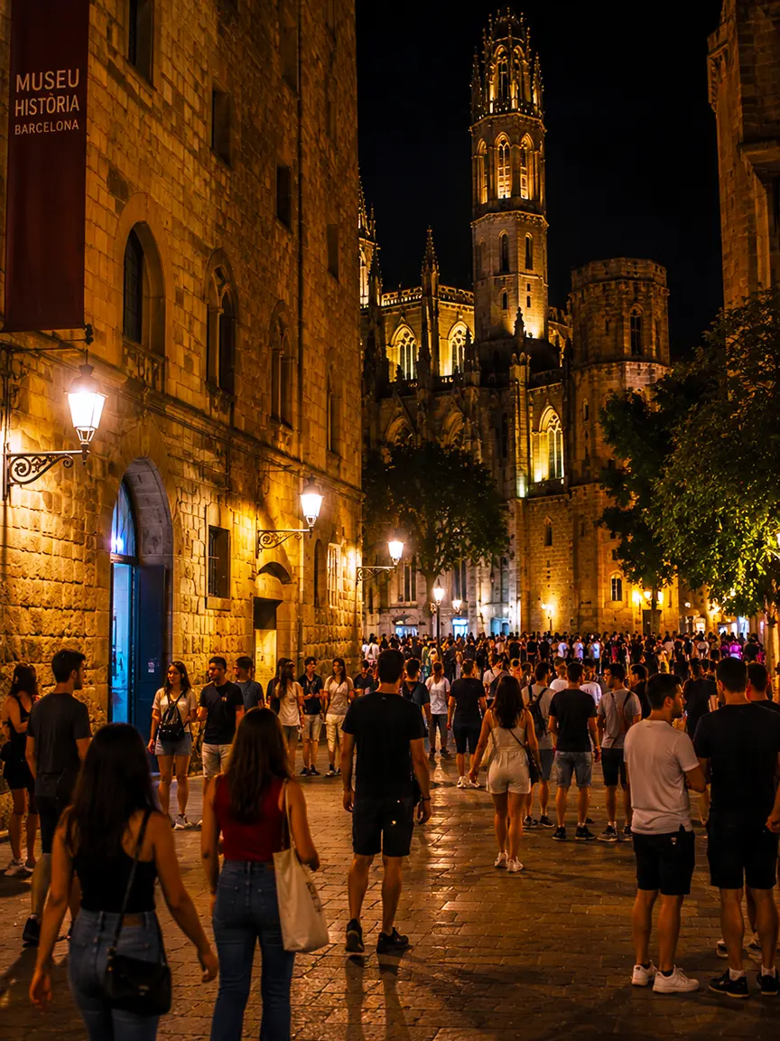 Barcelona Museum Night 2026: Crowded cobblestone street at night in Barcelona's Gothic Quarter, with the illuminated Cathedral visible in the background and the Museu d'Història de Barcelona banner on the left.