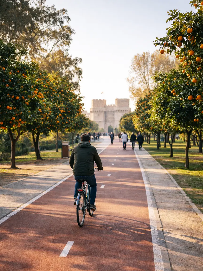 Cycling in Valencia in January through Turia Gardens bike path lined with orange trees and medieval towers in the background.