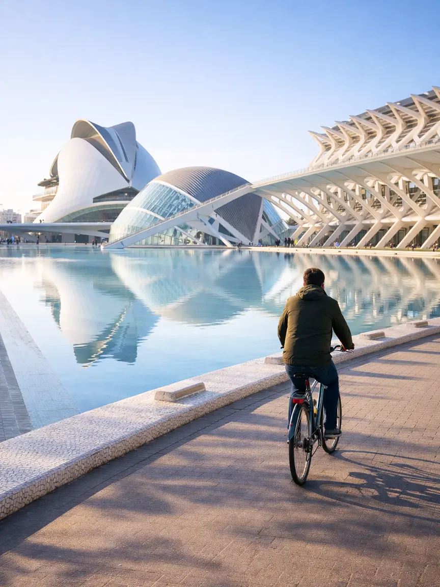Cycling in Valencia in January at City of Arts and Sciences with futuristic architecture reflected in calm water pools.