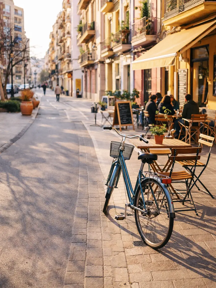 Cycling in Valencia in January through charming pedestrian street with outdoor cafes and vintage blue bicycle parked nearby.