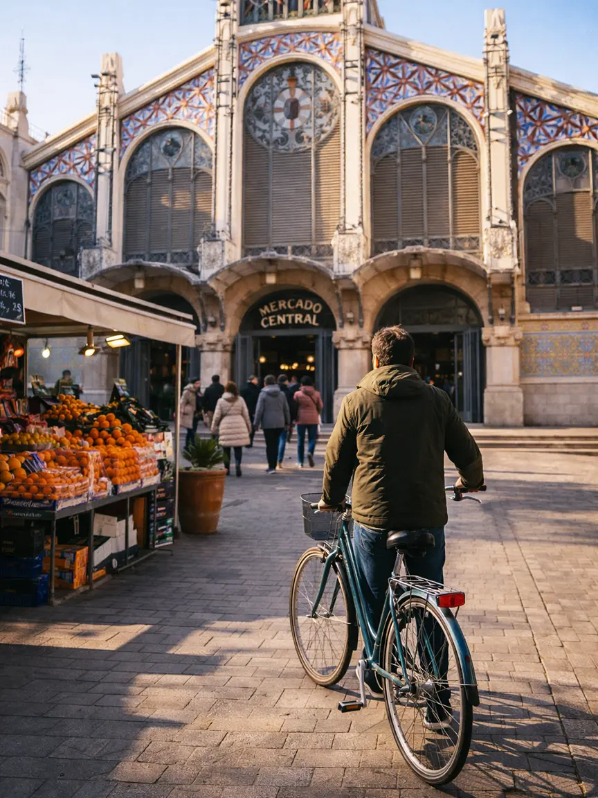 Cycling in Valencia in January at Mercado Central with Art Nouveau architecture and fresh orange market stalls in warm winter sun.