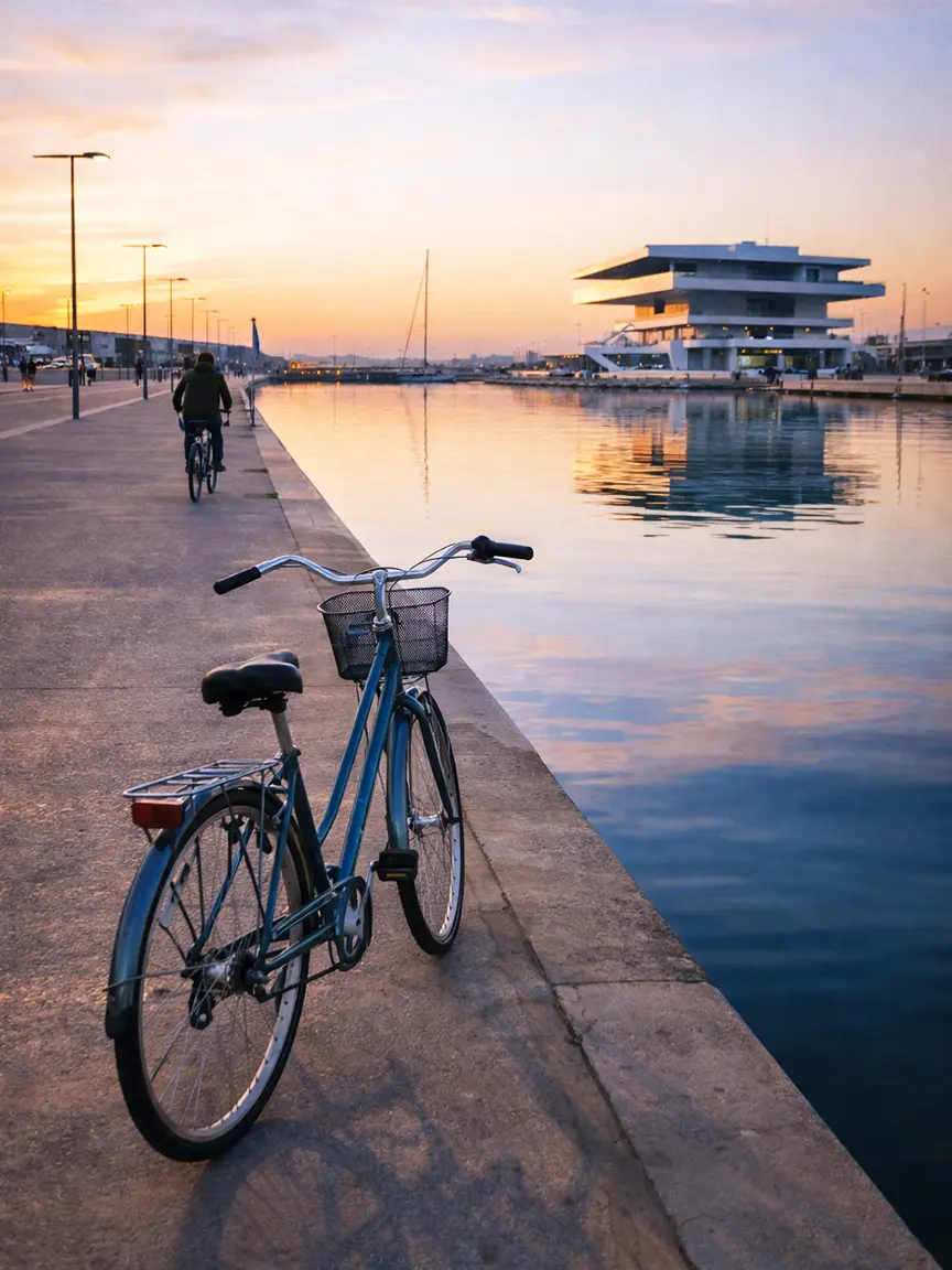 Cycling in Valencia in January at sunset along Marina Real Juan Carlos I with modern Veles e Vents building reflecting golden hour light.