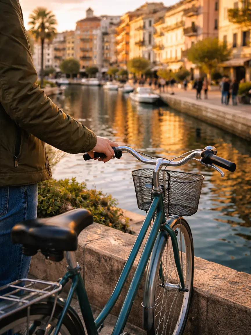 Cycling in Valencia in January along historic canal with vintage bicycle handlebars framing waterfront buildings in soft evening light.