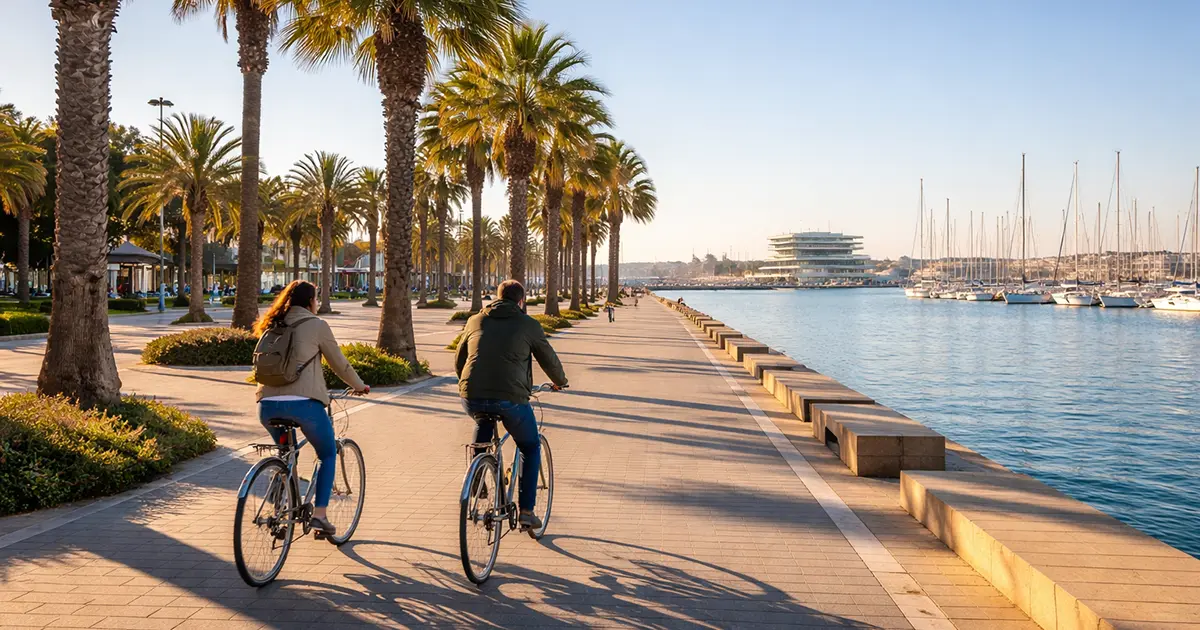 Cycling in Valencia in January along the waterfront promenade with palm trees and marina views under clear blue skies.
